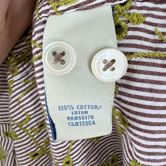 Odille Anthropologie Top Red Stripe Green Embroidered Eyelet Button-Down Shirt 4 - Picture 7 of 7
